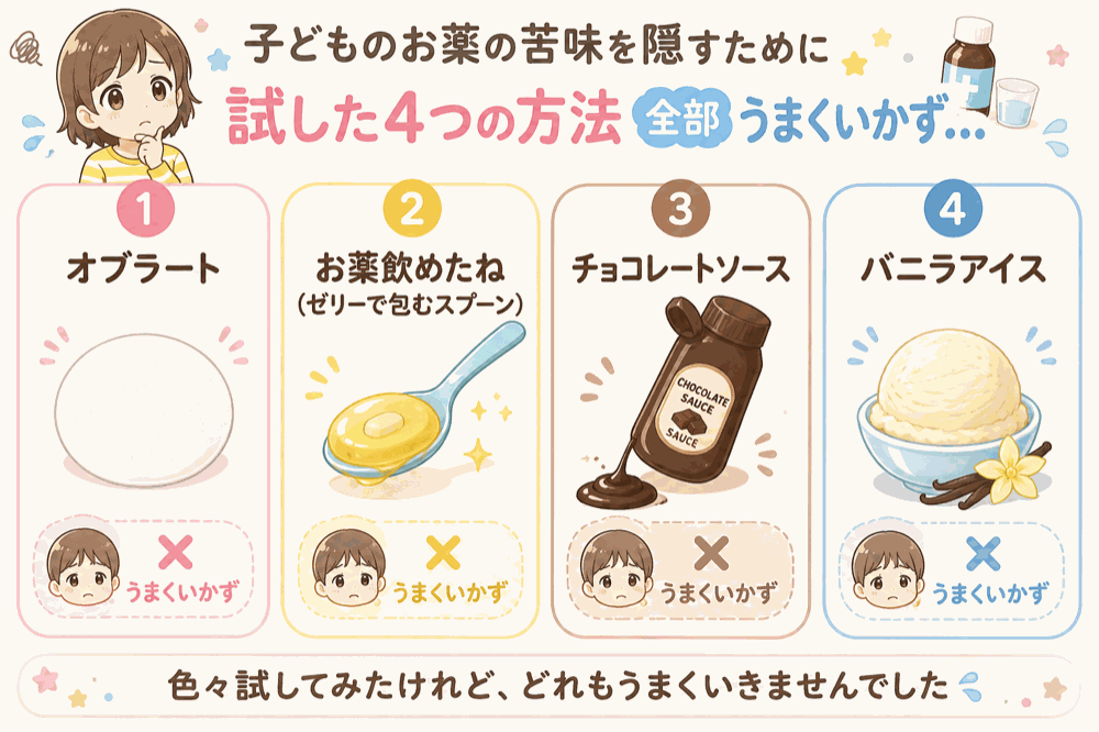 子どもの薬の苦味を隠すために試した4つの方法のイラスト。オブラート、お薬飲めたね（ゼリーで包むスプーン）、チョコレートソース、バニラアイスのいずれも結果はうまくいかず